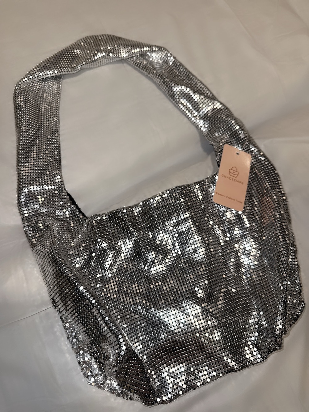 CHAGEEMPA Silver Metallic Mesh Hobo Shoulder Bag